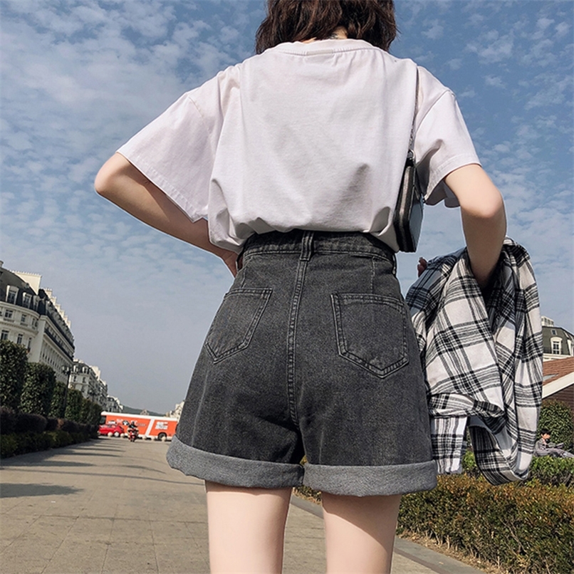 FTLZZ Summer Women High Waist Button Wigh Leg Jeans Shorts Casual Female Loose Fit Blue Denim 220629