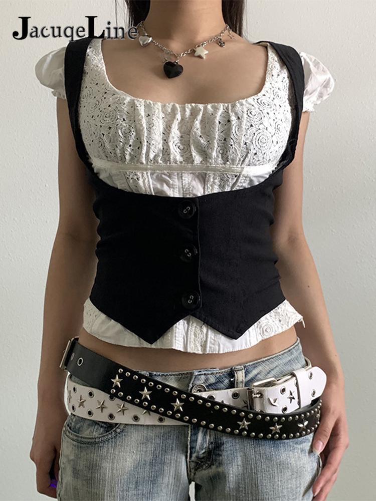 Jacuqeline Y2K Clothes Ruffle Tank Tops Women Button Racerback Fairy Grunge Vest Vintage Crop Harajuku Gothic Preppy Corset 220325