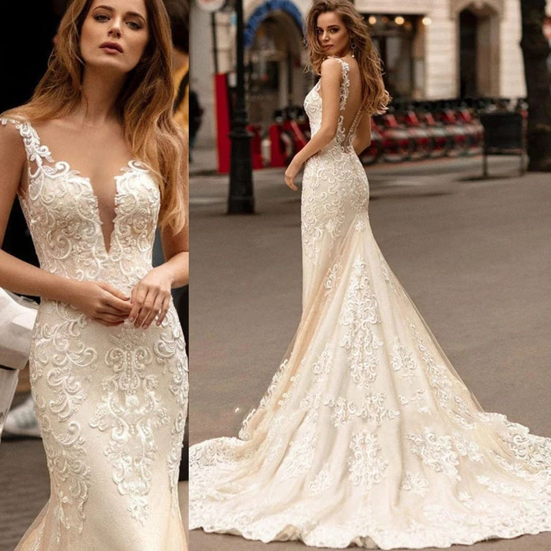 Champagne Mermaid Wedding Dress 2022 Sheer Neck Fashion Lace Bride Dress Illusion Vestido De Novia, All ivory
Champagne Mermaid Wedding Dress 2022 Sheer Neck Fashion Lace Bride Dress Illusion Vestido De Novia, All ivory
