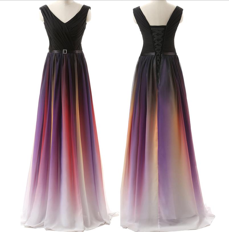 Women's Chiffon Gauze Maxi Bridesmaid Dress Back Laceup Long Formal Evening Party V neckle Dresses Sleeveless With Ribbon Rinestone Belt US4-US22