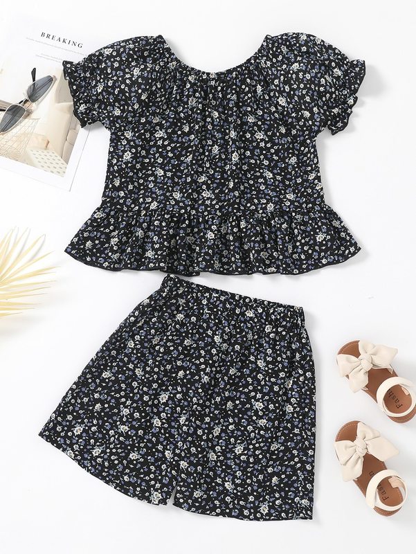 Girls Ditsy Floral Puff Sleeve Ruffle Hem Top & Shorts SHE