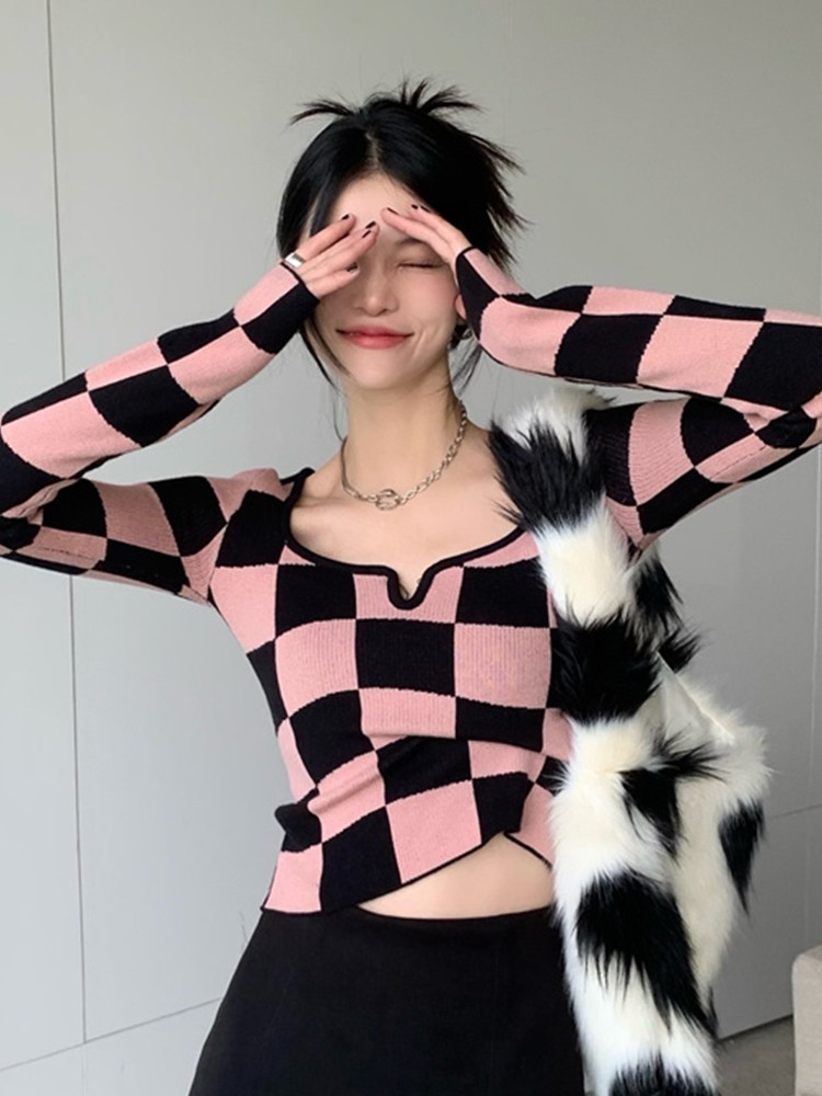 Tonngirls Knitted T Shirt Women Long Sleeve Checkerboard Plaid Square Collar Ladies Tops Korean Slim Skinny Cropped Tees 220328