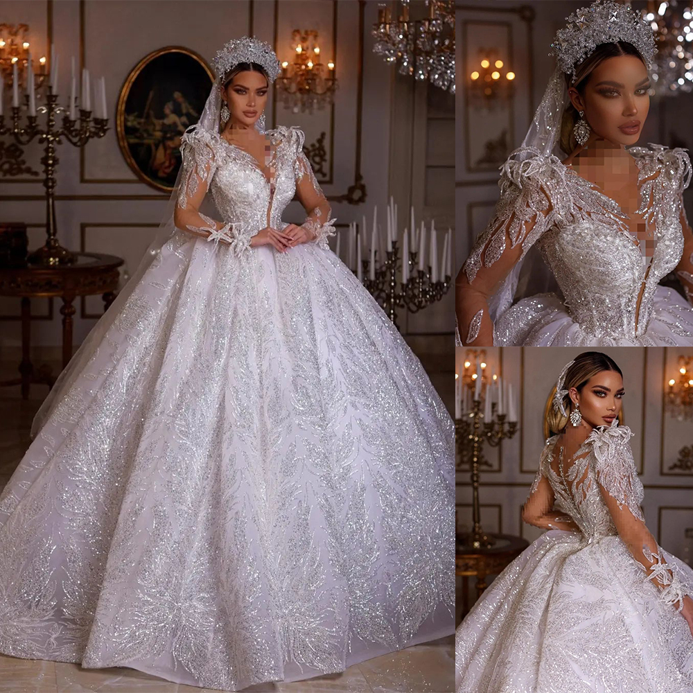 Princess Luxurious Ball Gown Wedding Dresses Bridal Sexy V Neck Long Sleeves Backless Lace Appliques Sequins Sweep Floor Ruffles Gowns Satin Custom Ma
