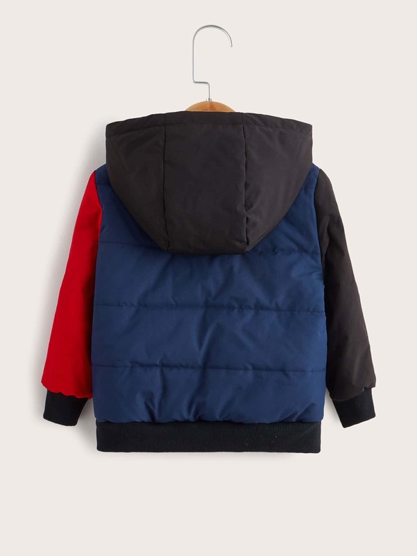 Toddler Boys Letter Graphic Zip Up Colorblock Hooded Puffer Coat SHE