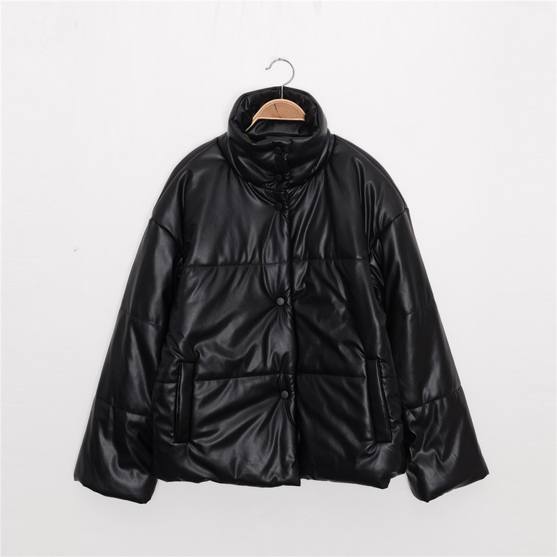 Women Black Jacket Faux Leather Turtleneck Long Sleeve Buttons Winter Female Casual Short Coat with Pockets 201029