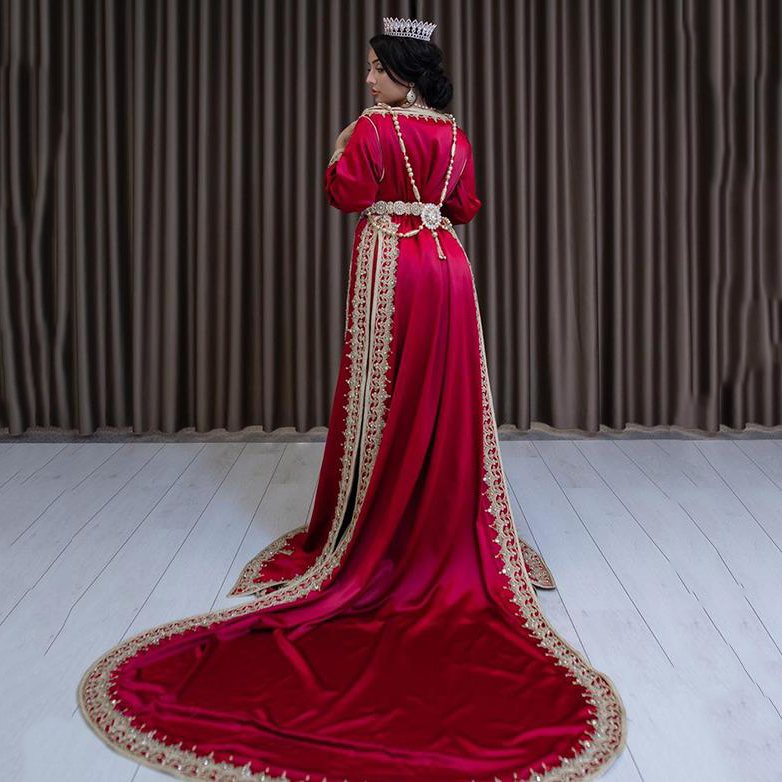 Red Moroccan Caftan Prom Dress With Beading and Embroidery Long Sleeve Islamic Dubai Saudi Arabic muslim Evening Dresses Abaya