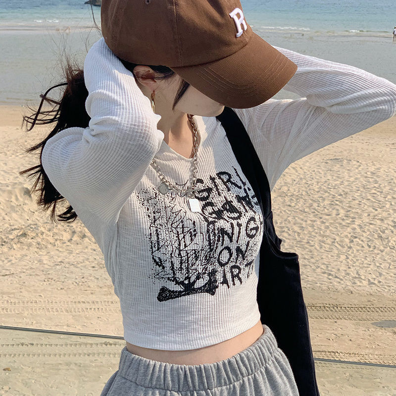 Y2K Long sleeved T shirt Letter Print Slim Tops Gray Autumn Sexy Harajuku V neck Tees fairy grunge Black White Cloth 220728