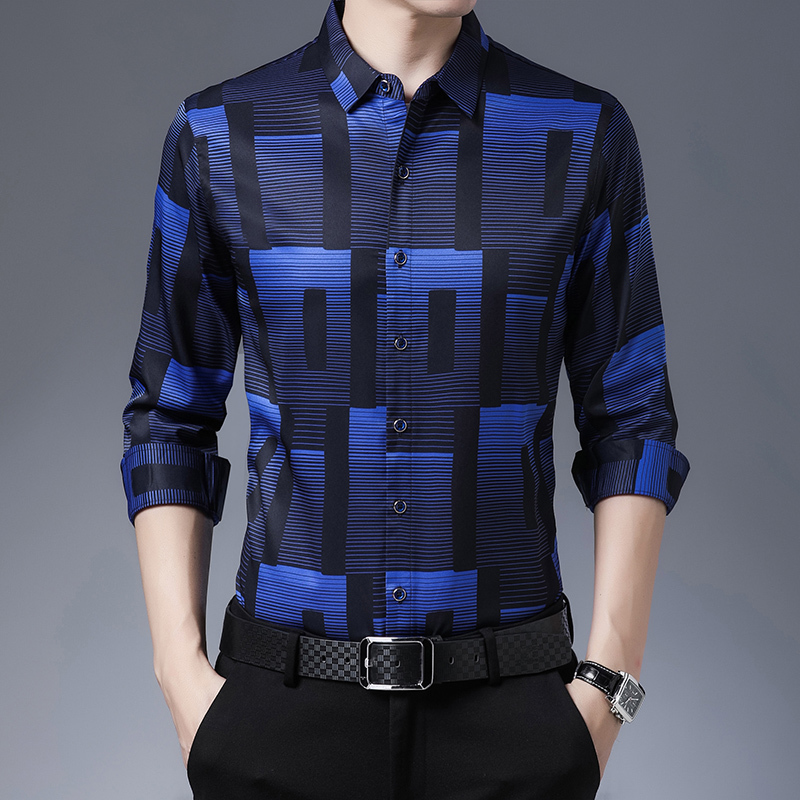 Original Men Shirts Silk Cotton Spring Autumn Long Sleeve Shirt Casual Plaid Slim Fit Camisa Masculina C688 220322