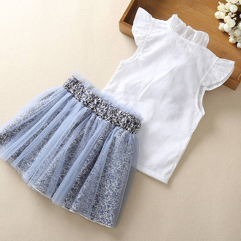 Baby Girl Clothing Set Vlinder Summer Lace Floral Short Sleeve White T-Shirt Mesh Skirt Clothes For 2 3 4 5 6 7 8 Year 220326