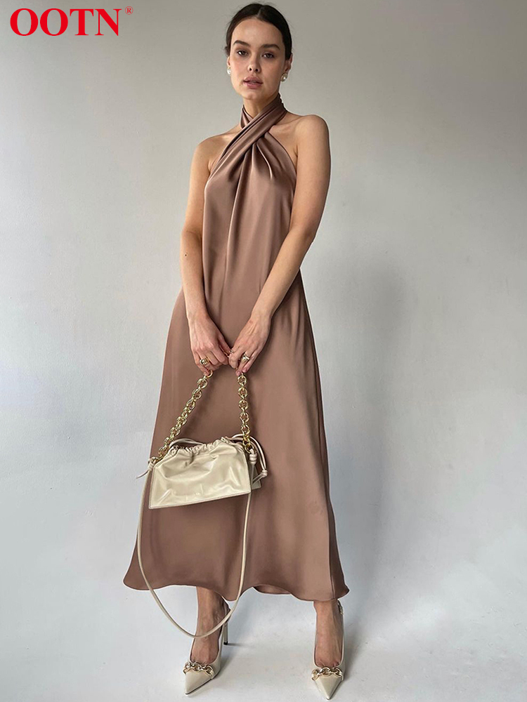 OOTN Sexy Cross Backless Halter Dress Evening Elegant Satin Classic Dress Fashion A-Line Brown Robes Femme Silky Summer 220511