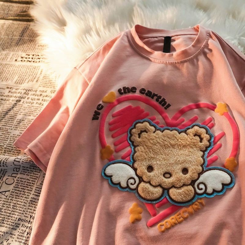 ins Heart Print Plush Bear Super Cute T Shirts Women Oversized Cotton Tshirts Summer Tees Fashion Female Vintage Tops 220321