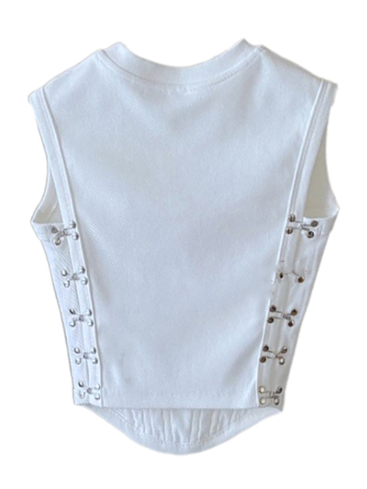 DEAT Women Fashion Slim White Round Neck Sleeveless Patchwork Side Waist Buckle Threaded Vest Summer Autumn 7E1365 220325