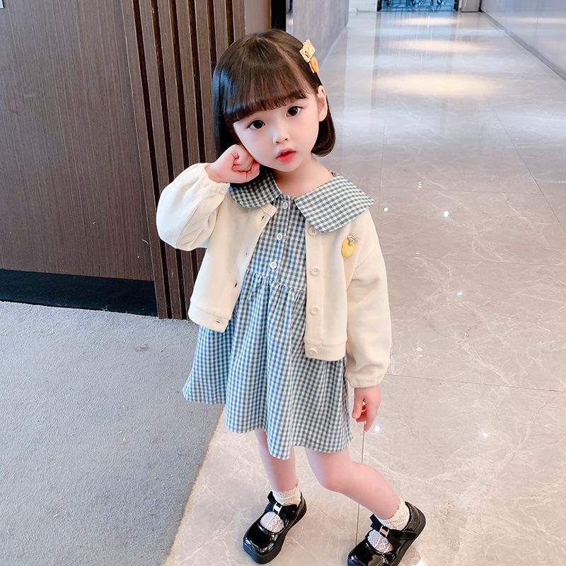 Clothing Sets Girls' Suits Skirts Autumn Clothes Western Style Knitted Jackets Doll Collar Plaid Dresses Two-piece Suit