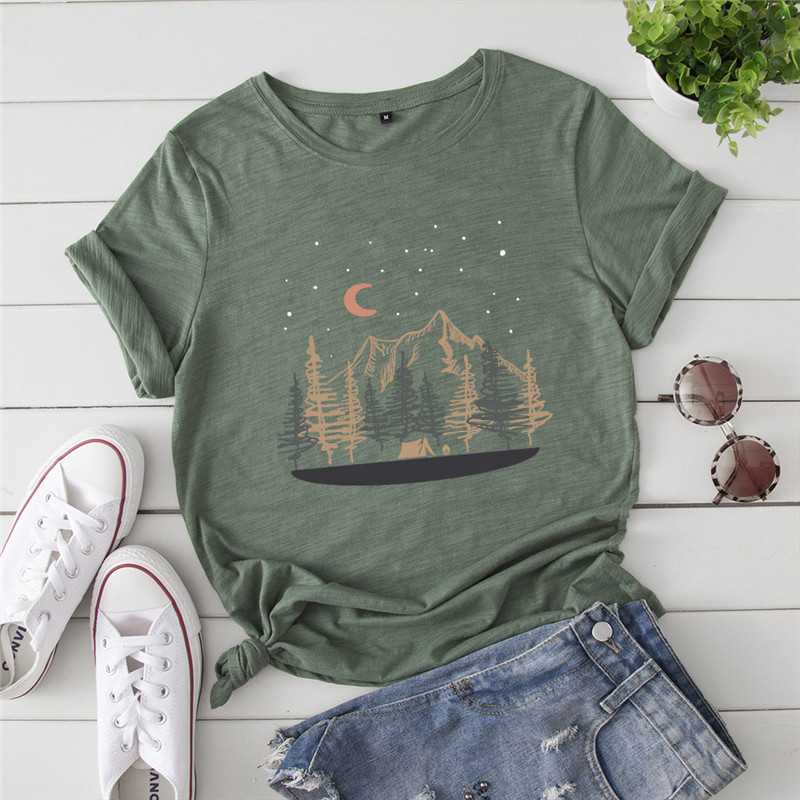 Summer Casual Tees Mountain Print T-shirt Women CrewNeck Short Sleeves Tshirt BasicTops Female Graphic Cotton Shirt Clothing 220328