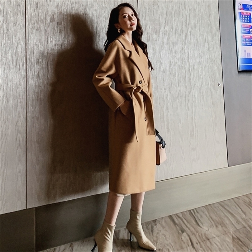 Autumn Winter Women's Jacket Casual Wool Blend Trench Coat Double Breasted Long With Belt 201222
