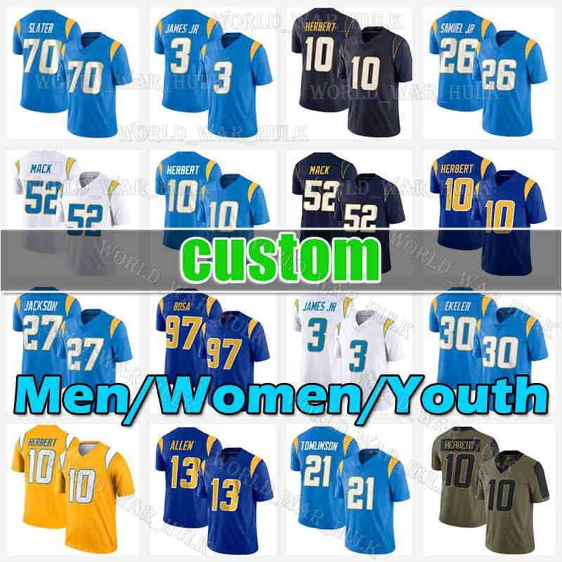 10 Justin Herbert Football Jersey 3 Derwin James Jr. 52 Khalil Mack JC Jackson Mike Williams Keenan Allen Los Angeles Chargers Joey Bosa Austin Ekeler Asante Samuel, Men custom (s d)
10 Justin Herbert Football Jersey 3 Derwin James Jr. 52 Khalil Mack JC Jackson Mike Williams Keenan Allen Los Angeles Chargers Joey Bosa Austin Ekeler Asante Samuel, Men custom (s d)