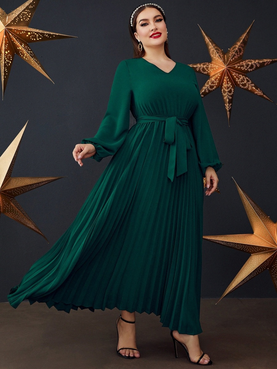 plus Lantern Sleeve Pleated Hem Belted Dress E8tK#, Dark green