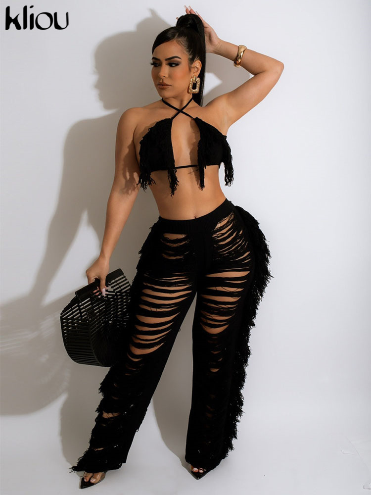 Kliou Halter Knitted Tanks Women Solid Sexy Deep V-Neck Lace Up Backless Tassel Skinny Crop Tops Streetwear Female Outfits 220325