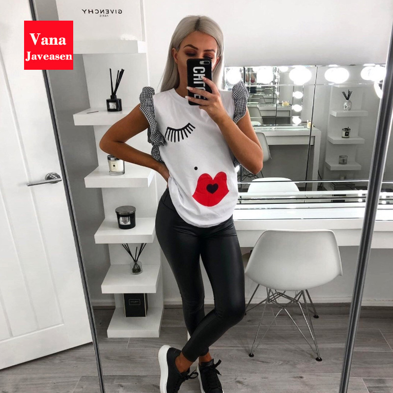 Vana Javeasen Women Ruffle Fashion T-Shirt Eyelashes Red Lips Print Tees O-Neck Butterfly Sleeve Woman's Clothes Simple Tops 220411