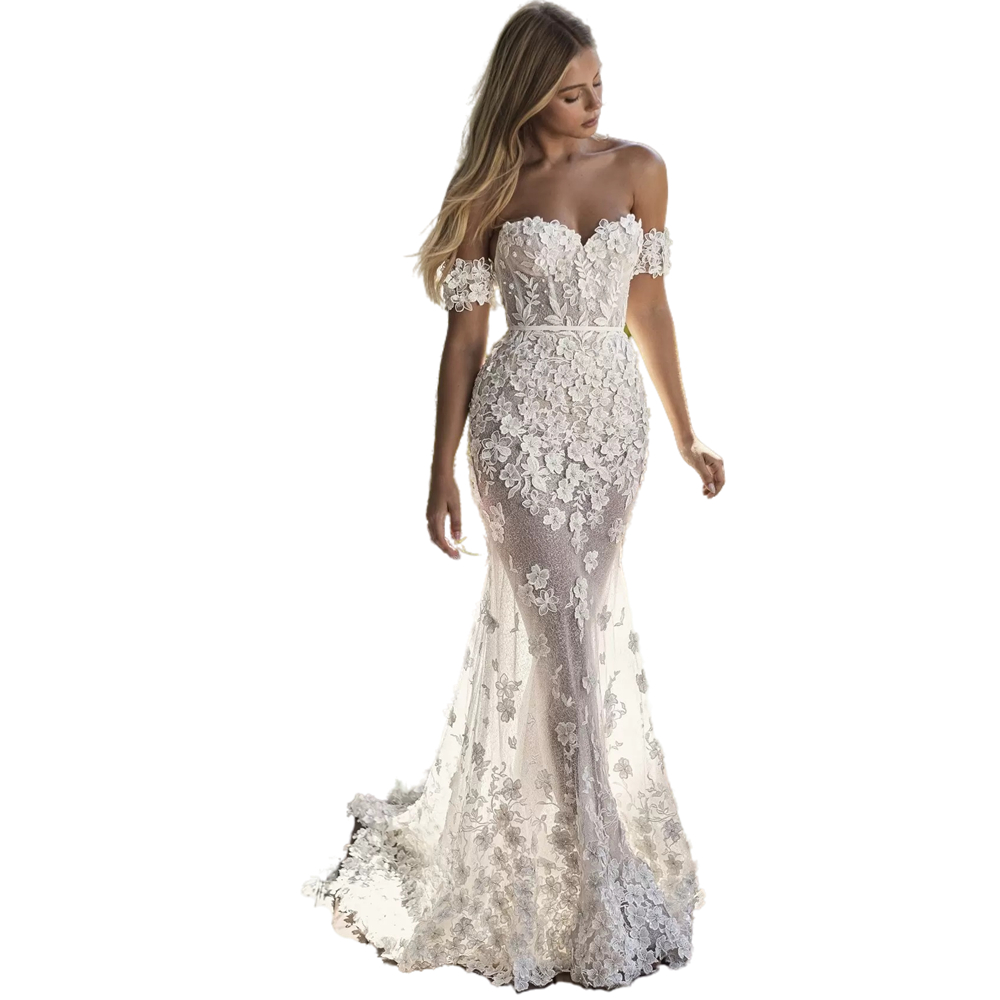Luxury 3D Floral Appliques Mermaid Wedding Dress 2022 Summer Long Boho Beach Bridal Gowns Off The Shoulder Pearls Beaded Flower Ivory White Bride Dres