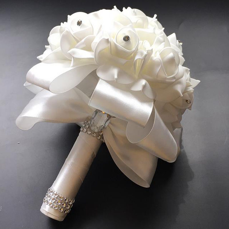 1Piece White Satin Romantic Wedding bouquet Cheap Bridesmaid Wedding Decoration Foam flowers Rose Bridal bouquet
