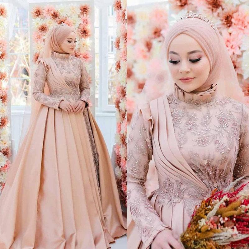Muslim High Neck Long Sleeves Wedding Dress Appliques Lace Beaded Pink Bridal Gowns Arabic Islamic Women A Line Hijab Wedding Dresses Custom Made