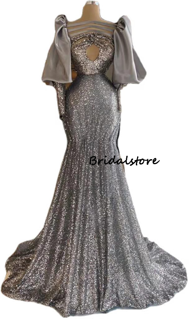 Gray Sequin Mermaid Prom Dress Long Sleeve Keyhole Neck Plus Size Black Girls Evening Dresses Elegant Ceremony Formal Party Gown Vestidos Elegantes Pa