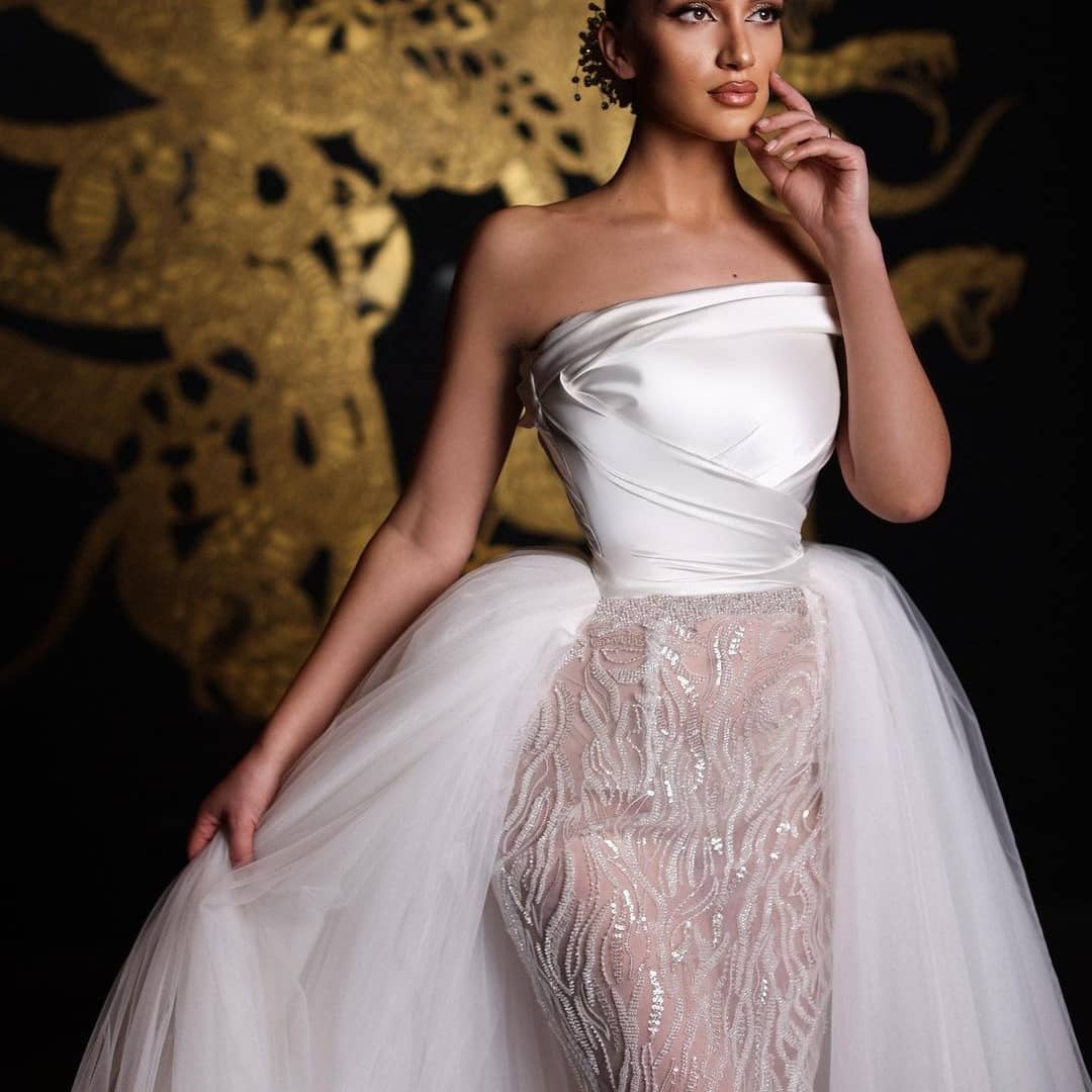 Strapless Sheath Wedding Dress Detachable Train Sleeveless Floor Length Sequins One-Shoulder Tulle Lace Plus Size Custom Made Simple And Stylish