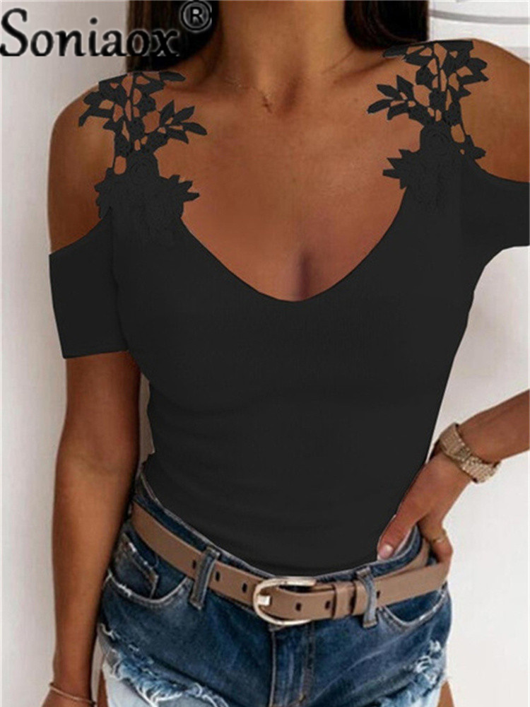 Summer Lace Petal Short Sleeve Solid Color Ladies T Shirt Women Oversize Off Shoulder V Neck Slim Casual Tops Tee Tunic 220728