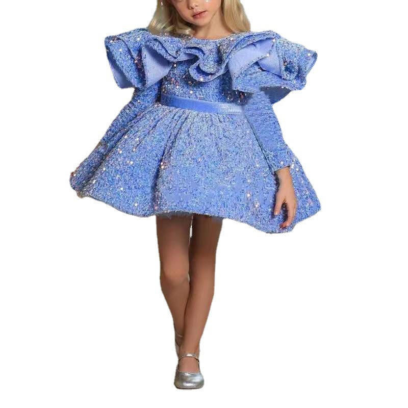 Gold blue Sequined Sparkly Flower Girl Dresses Ball Gown Sheer Neck Tulle Long Sleeves Lilttle Kids Birthday Pageant Weddding Gowns