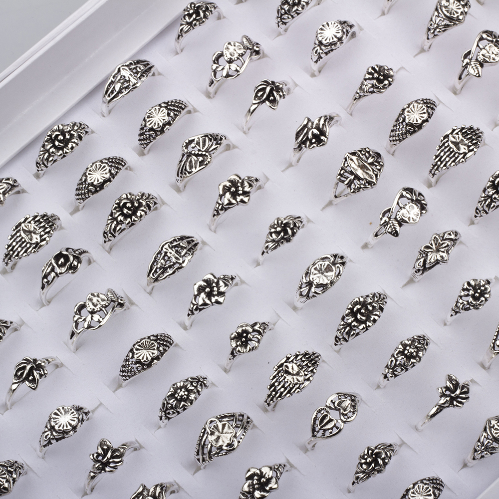 100Pcs Mix style Flower Elegant Alloy Band Rings Vintage Rings for women Jewelry Whole lots
