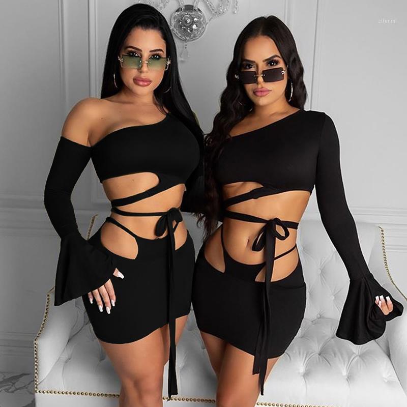 

Casual Dresses Women Black Personality Sexy Dress Irregular Tight-Fitting Long-Sleeved Flared Sleeve Oblique Shoulder Mini Fashion, As pic