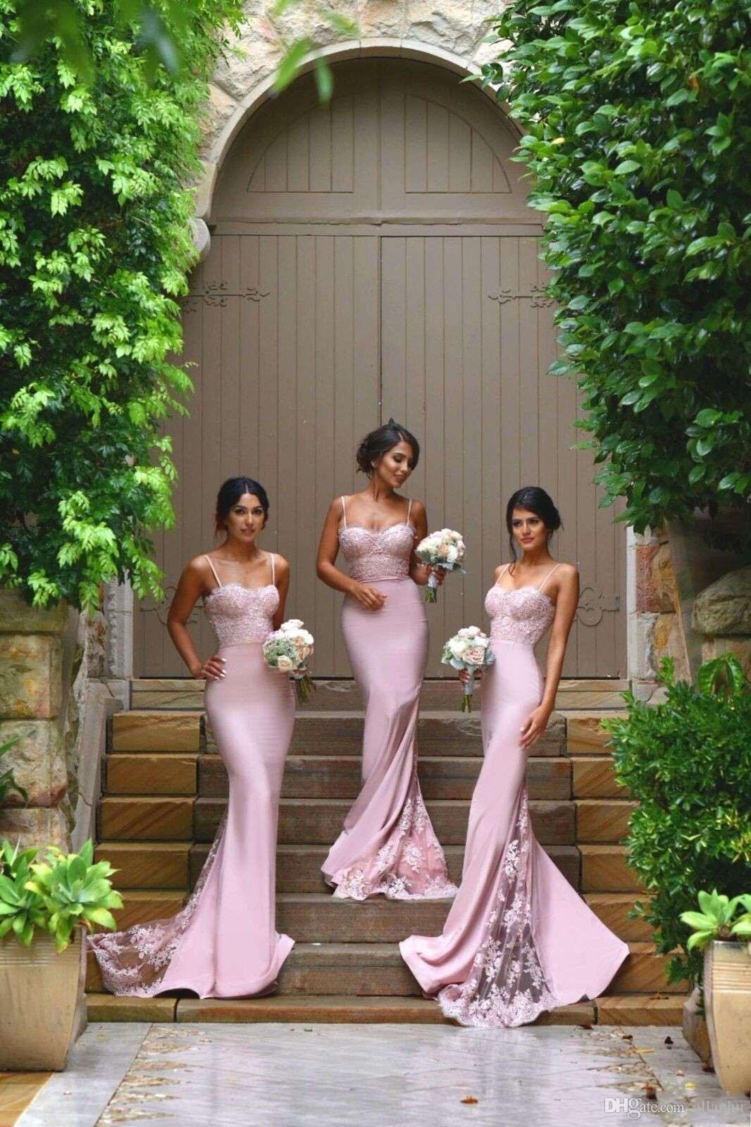 Pink Sexy Mermaid Bridesmaid Dresses Spaghetti Straps Lace Appliques Backless Floor Length Satin Custom Made Cheap Prom Dress Formal Party Wear