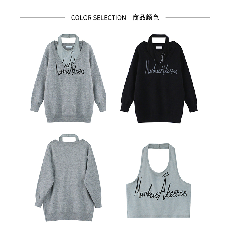 Winter Womens Clothing Two Piece Set Fashion Loose Retro V Neck Letter Print Sweater Long Sleeves Bottoming Vest Knitting Tops 220817