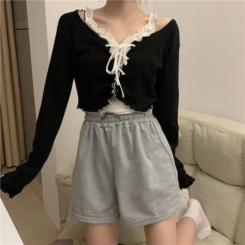 Women Long Sleeve T-shirts Lace-up Cardigan Patchwork Ruffles Trendy Sweet Lovely Crop Tops Sexy Females Coat Leisure Outwear 220321