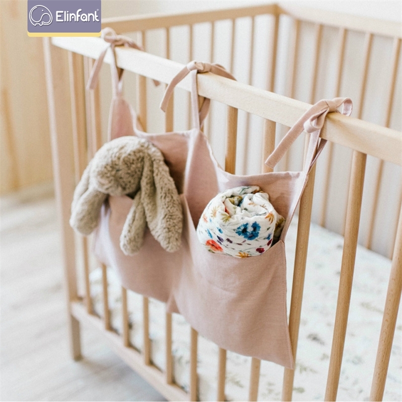 Elinfant Multifunctional Hemp Cotton Baby Crib Organizer Hanging Bag Wall Hanging Bedside Storage Bag 220531