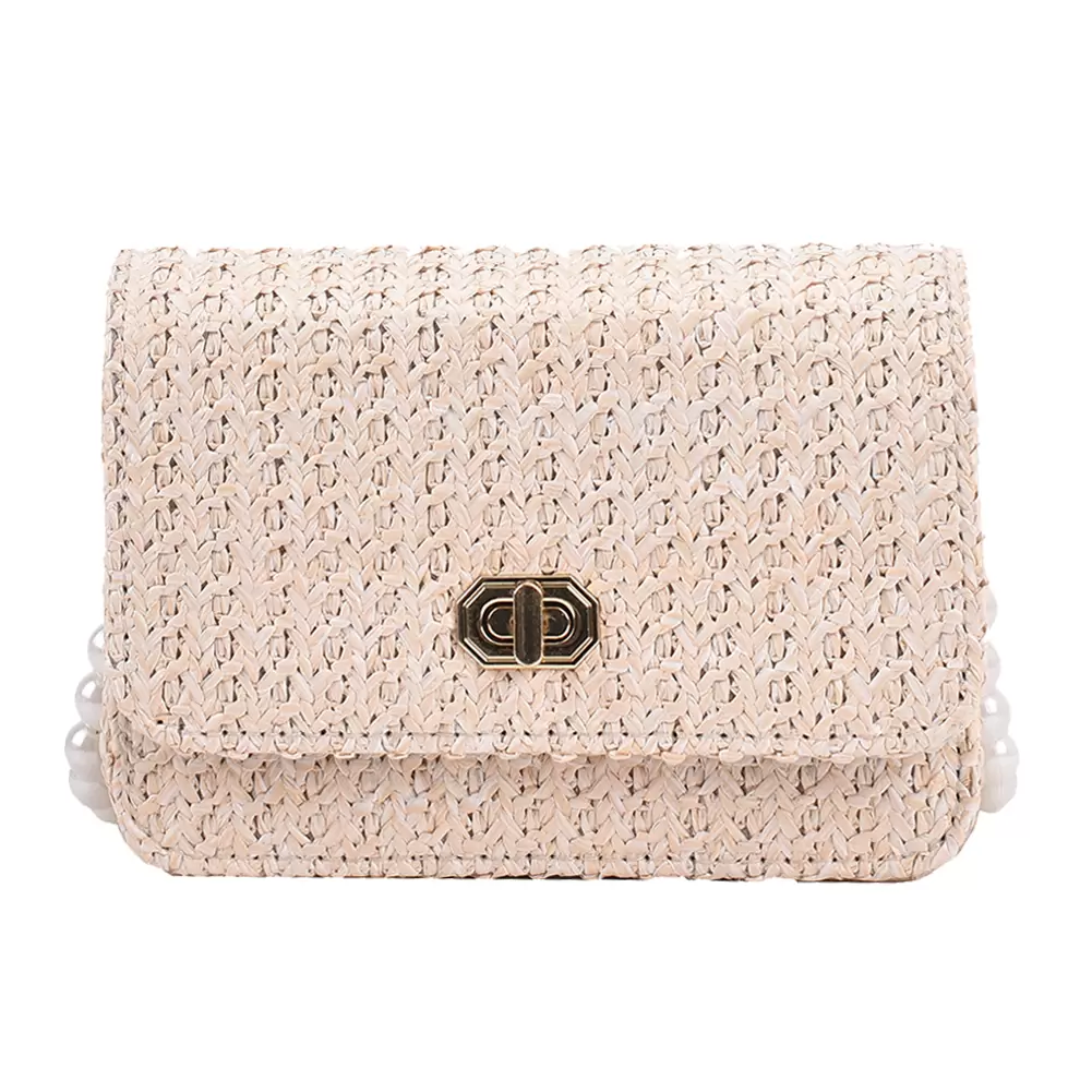 Vintage Ladies Straw Woven Shoulder Bag Women Pearl Chain Flap Messenger Bags Small Beach Handbags Women Summer Bags