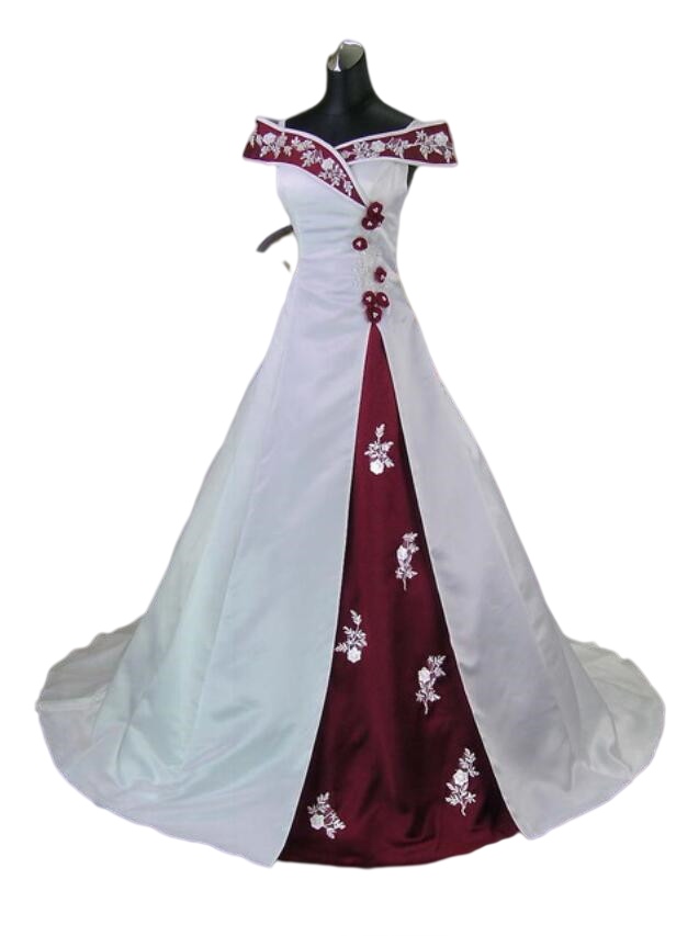 Vintage Burgundy and White Gothic Wedding Dresses Off Shoudler Lace Embroidery Sweep Train Stain Country Bridal Gowns