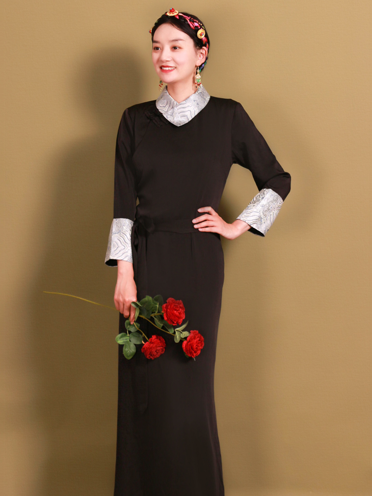Modern Women ethnic clothing national style cheongsam long Sleeve Qipao Traditional oriental gown Asia elegant dress tibetan costume