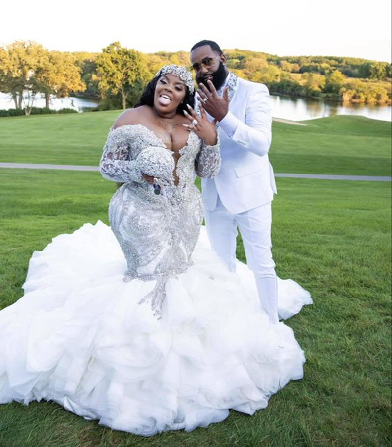 Plus Size Arabic Mermaid Wedding Dresses 2022 Sparkly long sleeve Crystal Beaded African Aso Ebi Ruffles Cathedral Train Outdoor Bridal Second Gown