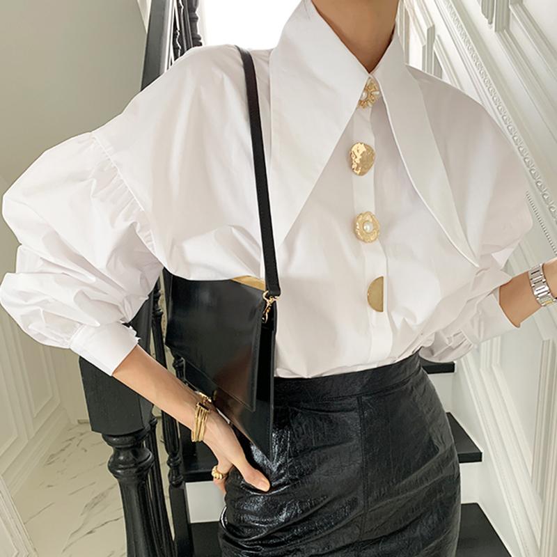 Women's Blouses & Shirts Designer Metal Buttons Spring Blouse Women Lantern Sleeve White Tops Turn Down Collar Korean Top Elegant Offi