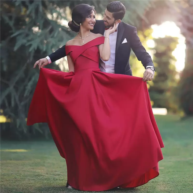 Evening Dresses Red Off The Shoulder Neck Sleeveless Satin Floor Length Mermaid Custom Made Formal Prom Gown Plus Size Vestidos 2022