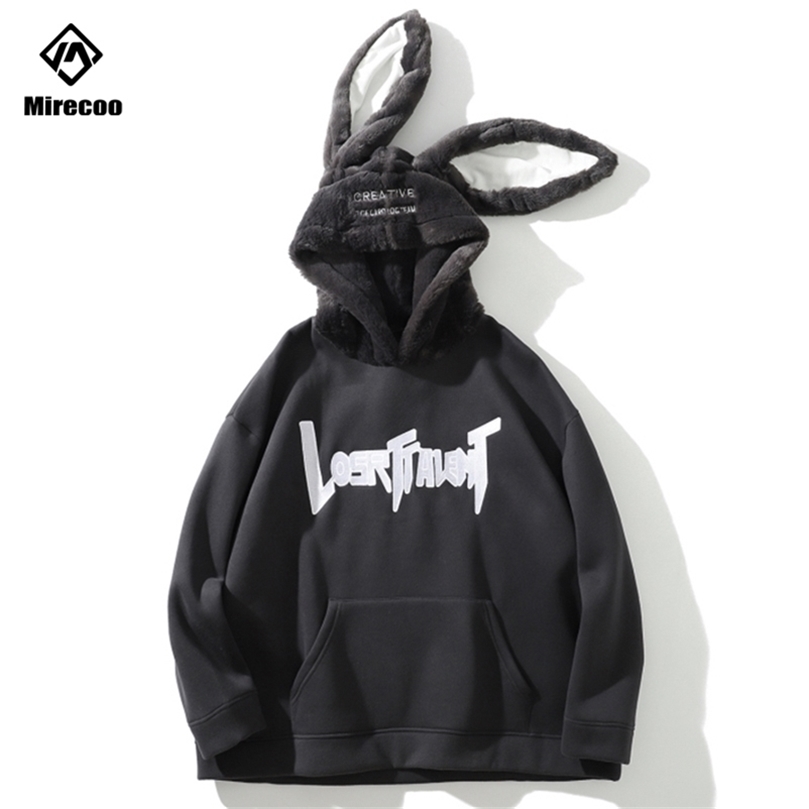 Rabbit Ears Men Hip Hop Hoodie Sweatshirt Letter Fleece Hoodie Streetwear Casual Black Hooded Pullover Cotton Autumn 201127