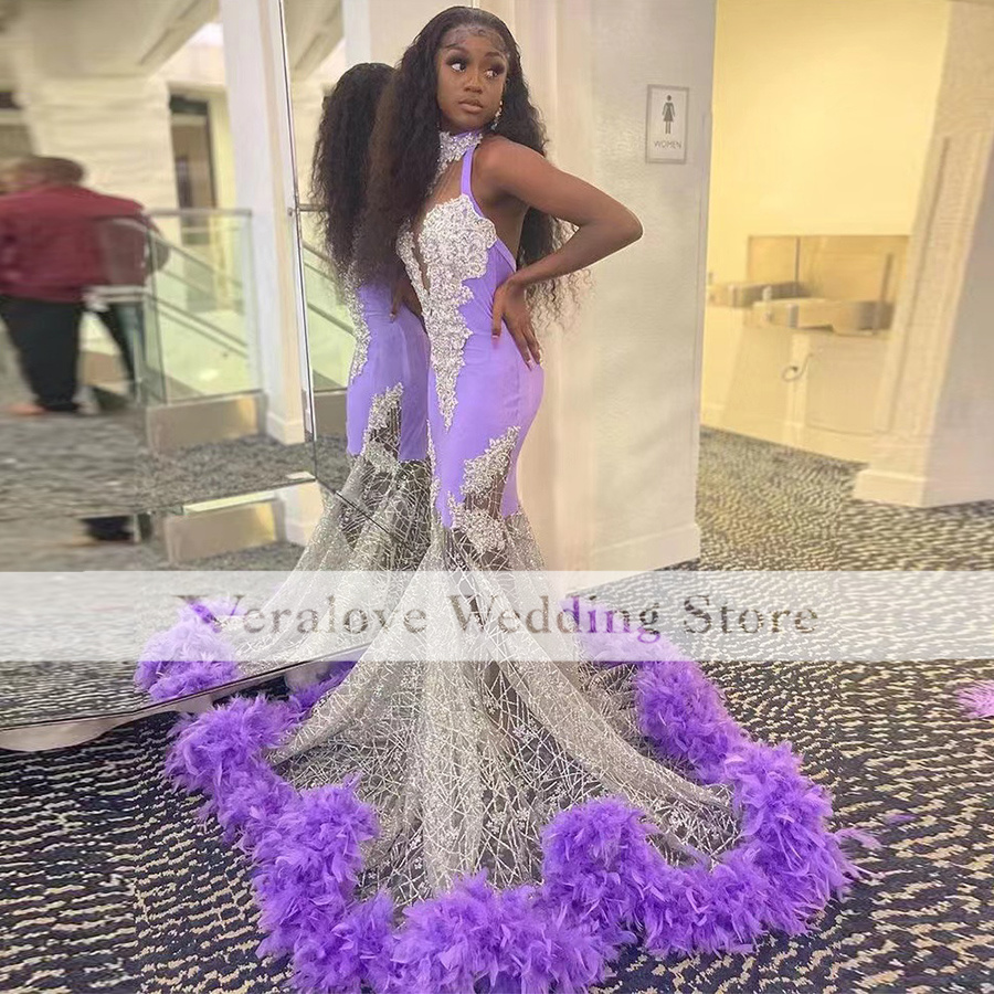Sparkly Purple Mermaid Prom Dress With Feather 2k22 Pop Girls Birthday Party Gowns Gala Meet Graduation Wear for Evening