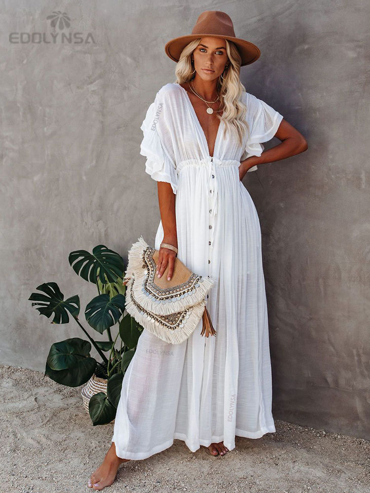 Sexy Bikini Cover-ups Long White Tunic Casual Summer Beach Dress Elegant Women Plus Size Beach Wear Swim Suit Cover Up Q1208 220504