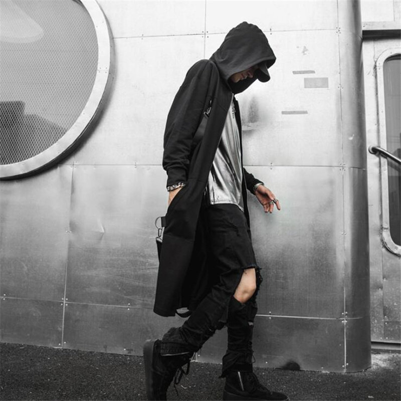 Men's Trench Coats Spring autumn men ribbons patchwork punk hip hop long trench coat hooded cloak men black zipper techwear long jacket overcoat 