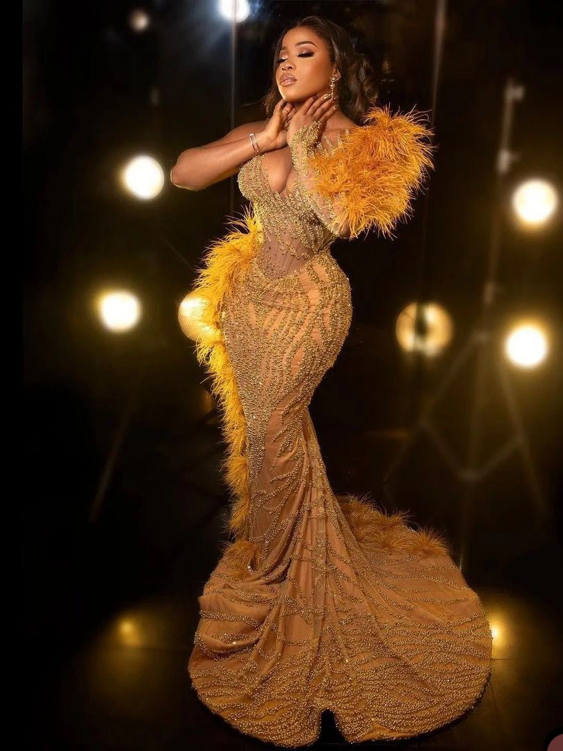 Yellow Mermaid Prom Dresses Princess Lace Appliques Sequins One Long Sleeve Puff Tulle Lace Feather One Shoulder Floor Length Party Gowns Plus Size Cu