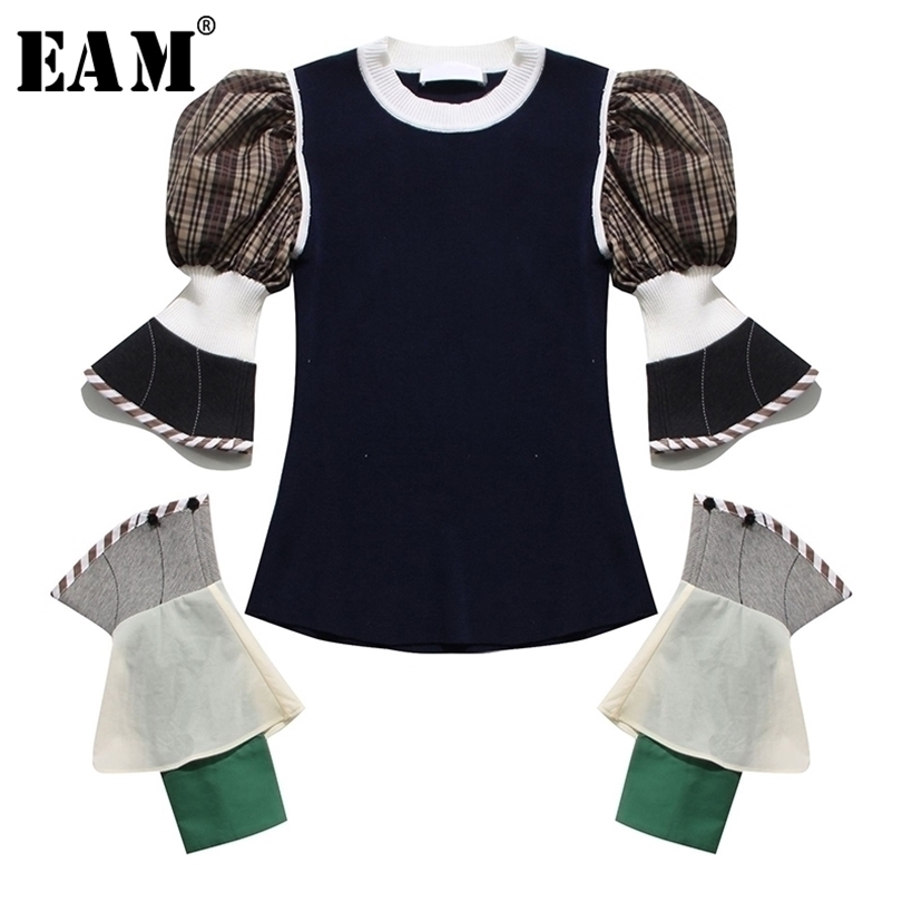 EAM Women Plaid Split Knitting Temperament Tshirt New Round Neck Long Puff Sleeve Fashion Spring Summer 1T923 210322
