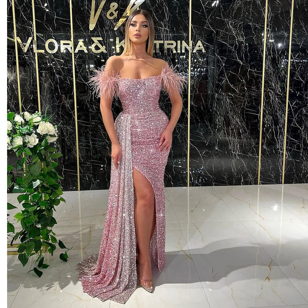 Glitter Feathers Evening Dresses Side Split Party Gowns Sequins Long Train Women Formal Floor Length Robe De Soriee