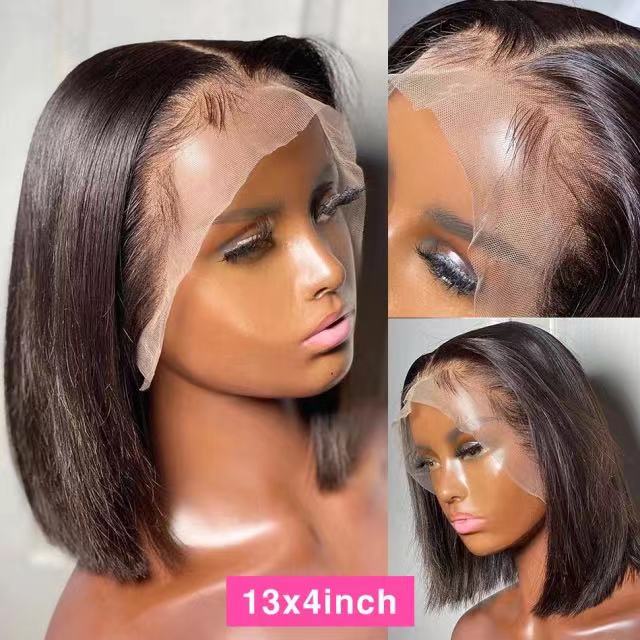 

8"-14"Inches Supple Unprocessed Brazilian Human Hair Lace Front Wigs Glueless Straight Free Part Short Bob Wigs For Black Women Natural Color #1B, 4*4 lace closure wig
